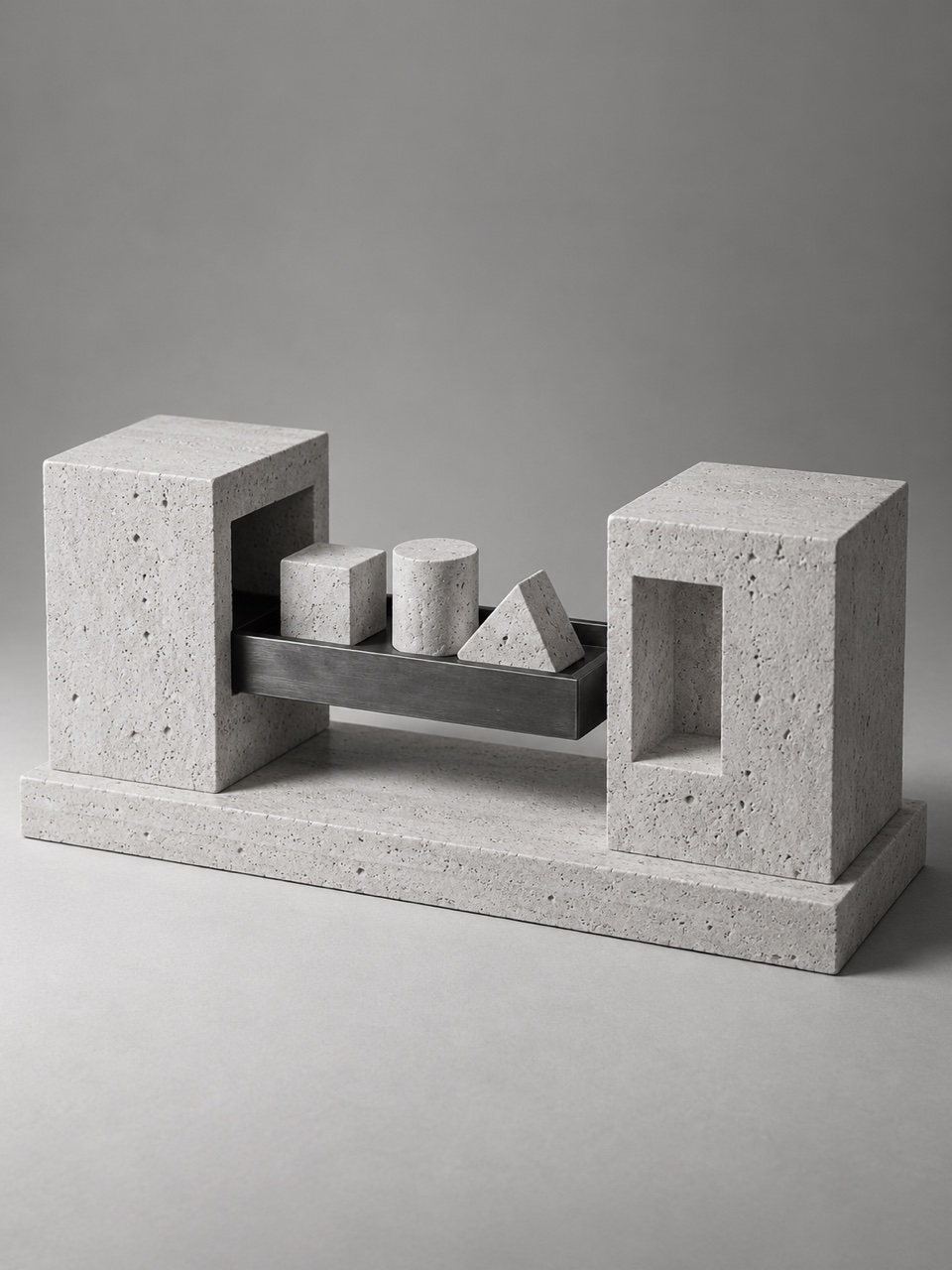 Un plateau métallique portant trois formes en pierre relie deux structures sculptées, dont une présente un logement vide.