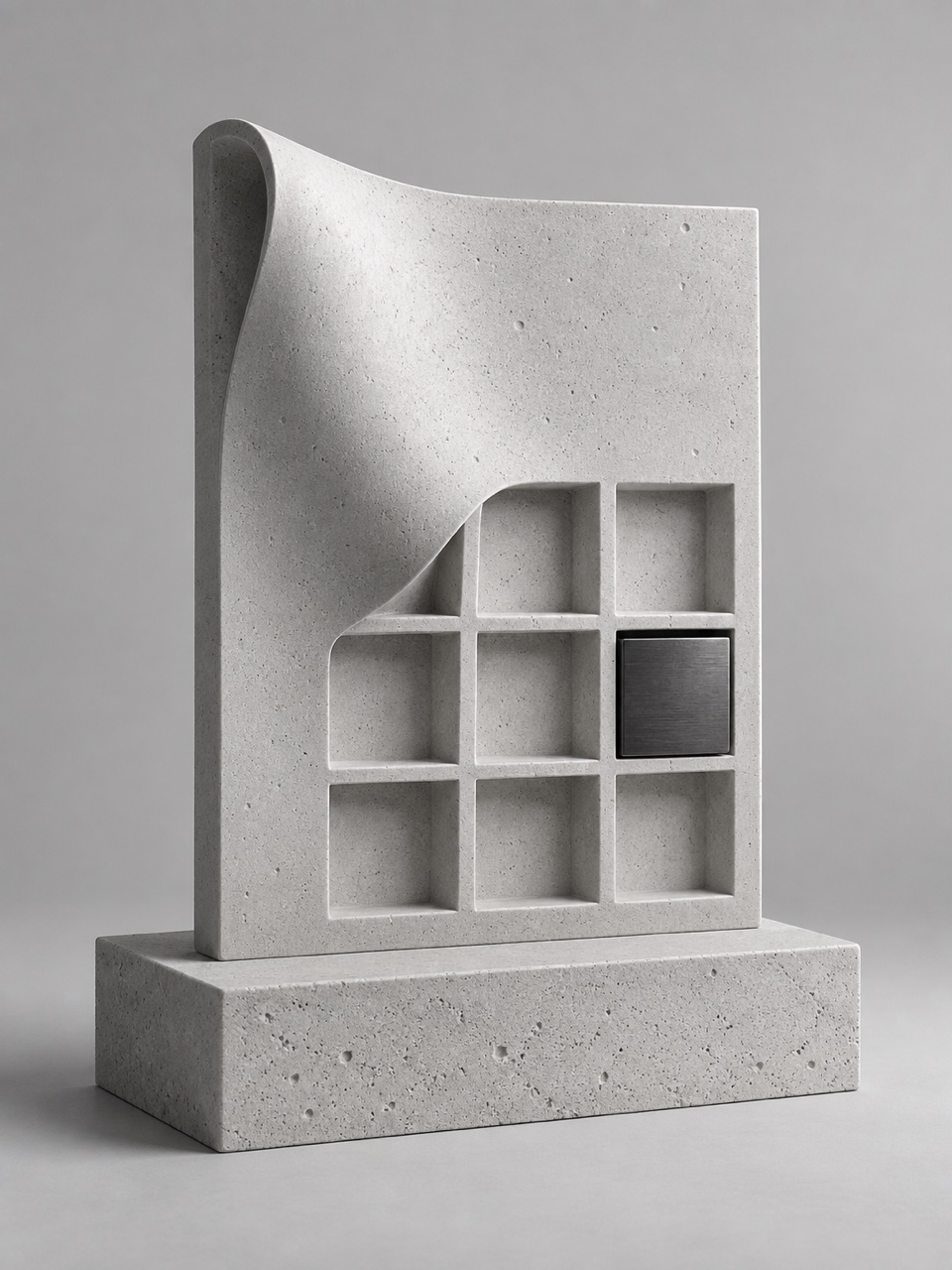 Une feuille sculptée dans la pierre se transforme en grille de compartiments, dont un accueille un bloc métallique sombre.