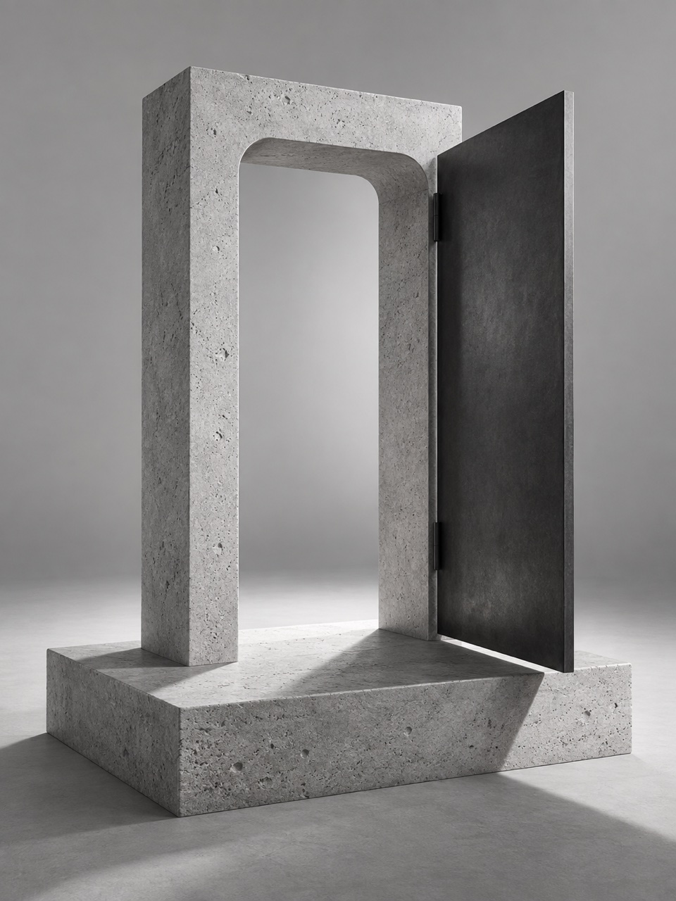 Un portail sculpté dans la pierre claire, avec une porte en métal noir ouverte sur un passage dégagé.