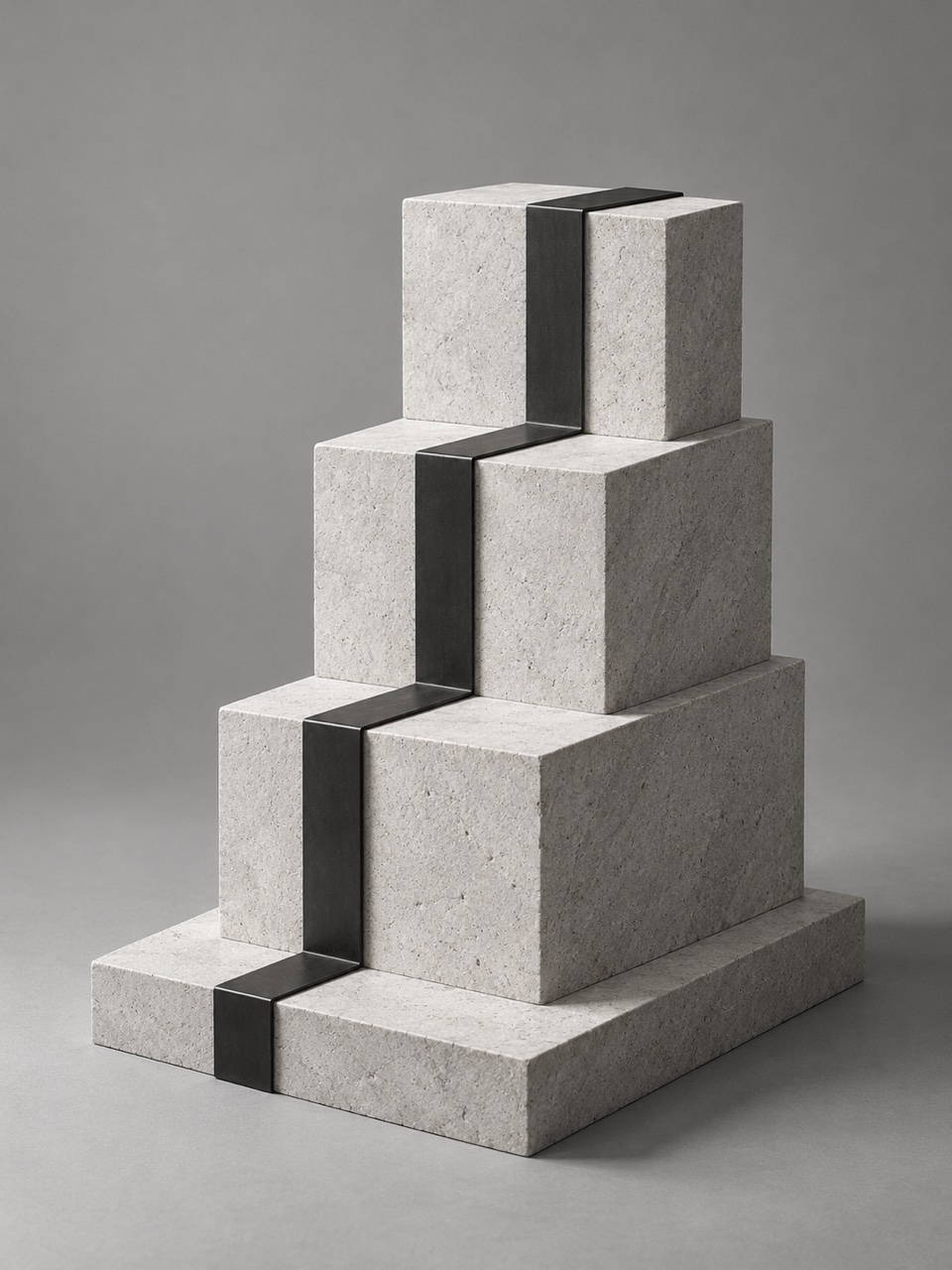 Un ruban de métal noir suit les faces de trois blocs de pierre claire superposés en gradins sur un socle carré.